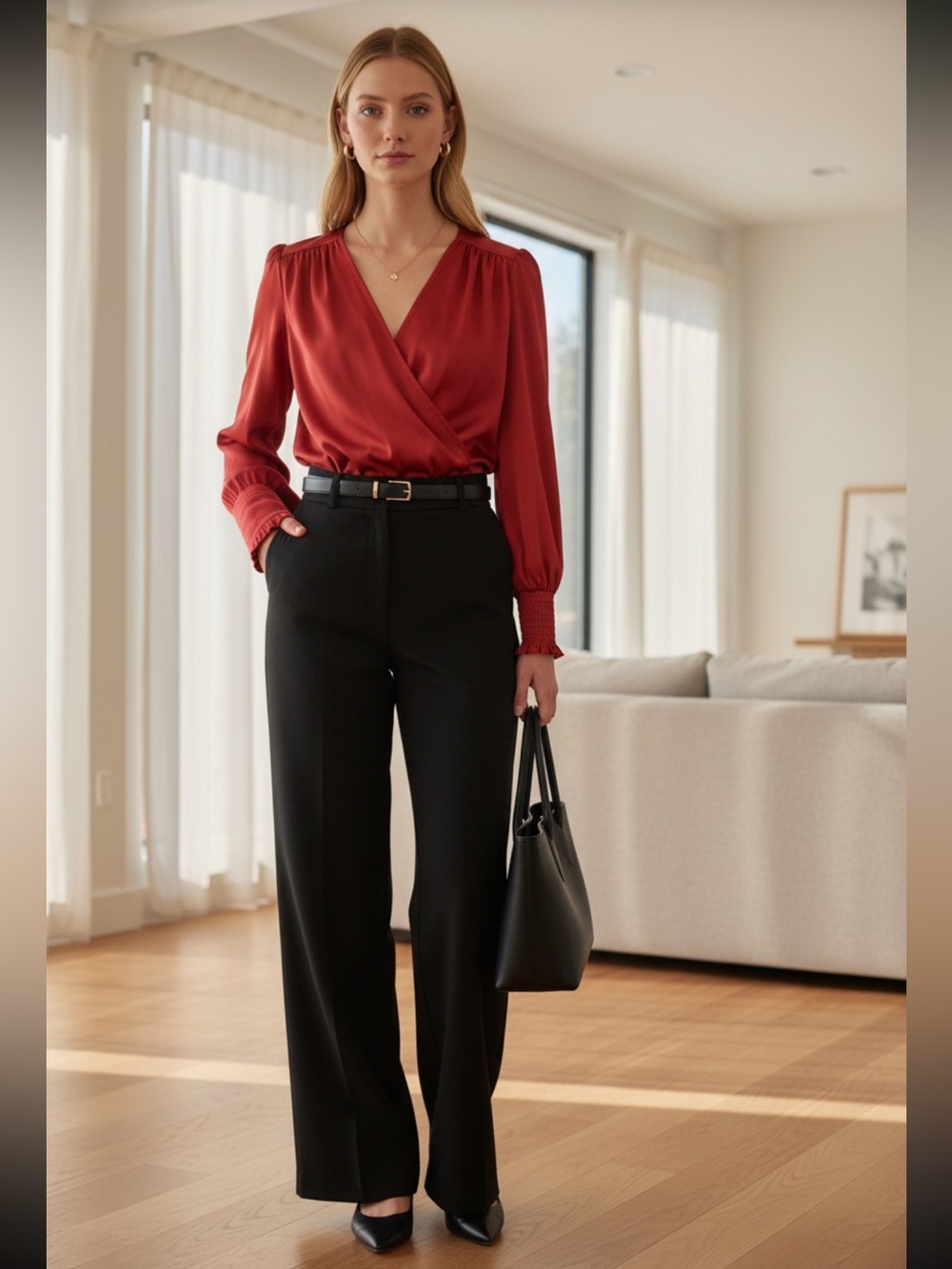 Gorgeous Scarlet Mon Cheri Faux Wrap Women's Blouse New Retails $78